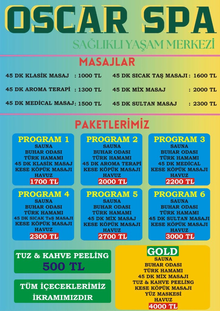 Oscar Spa masajlar ve paketler fiyat listesi